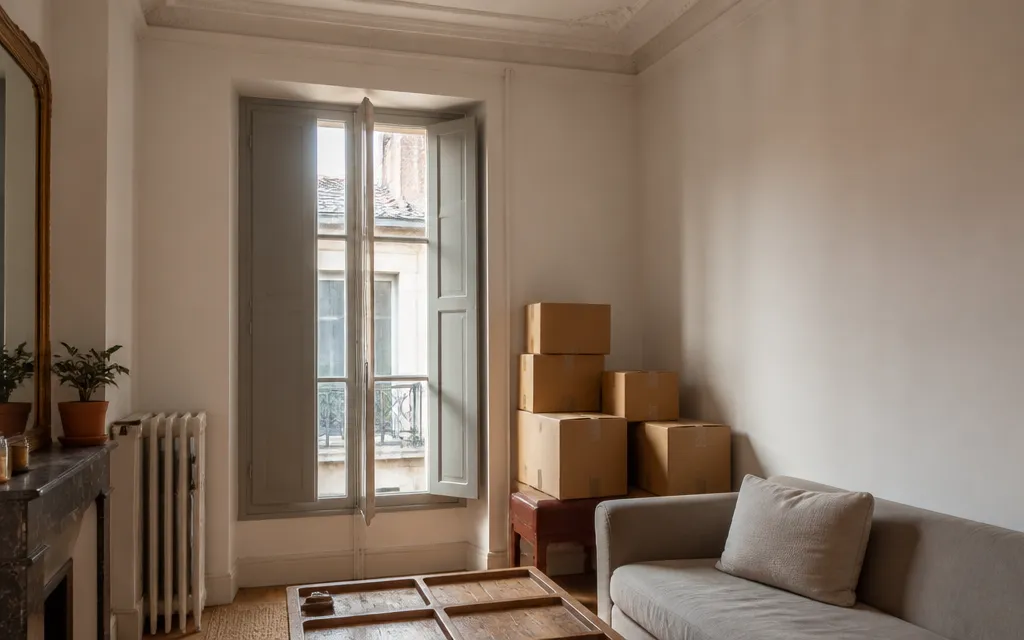Intérieur d’un petit appartement ancien avec des cartons de déménagement empilés dans un coin