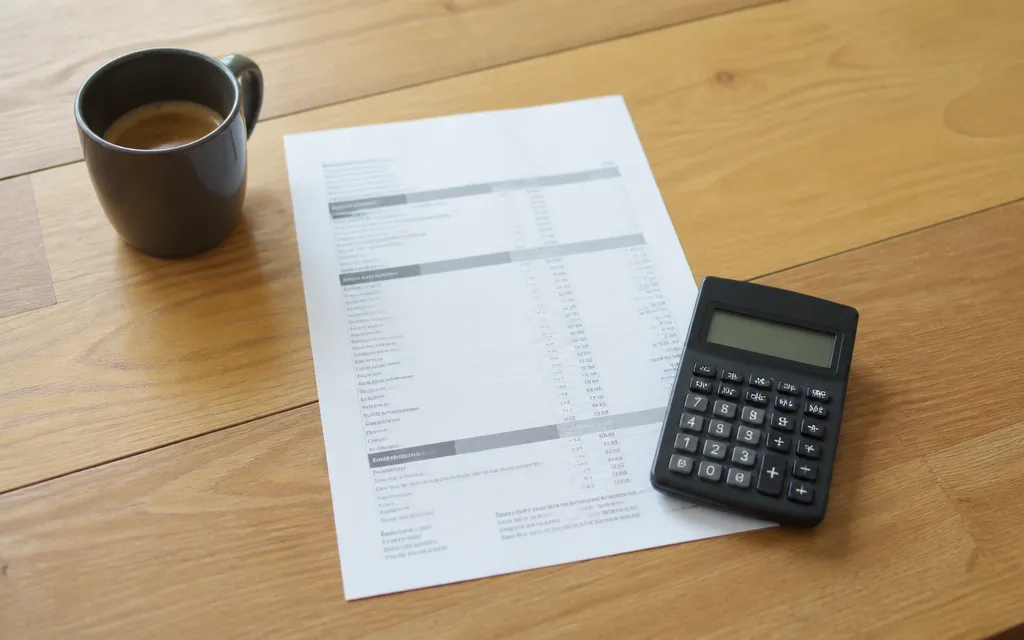 Feuille de devis et calculette posées sur une table en bois clair