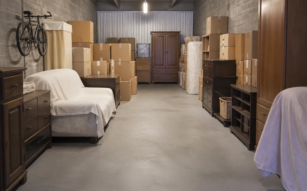 Intérieur d’un grand box de stockage rempli du mobilier d’une maison, rangé en allées