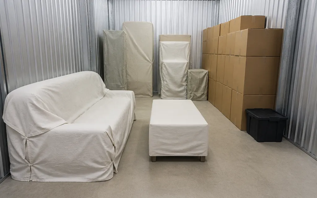Intérieur d’un box de stockage de taille moyenne avec le mobilier d’une pièce sous housse