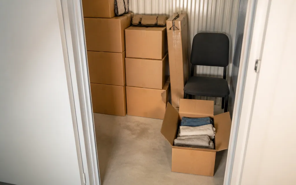 Intérieur d’un petit box de stockage rangé avec des cartons de déménagement empilés