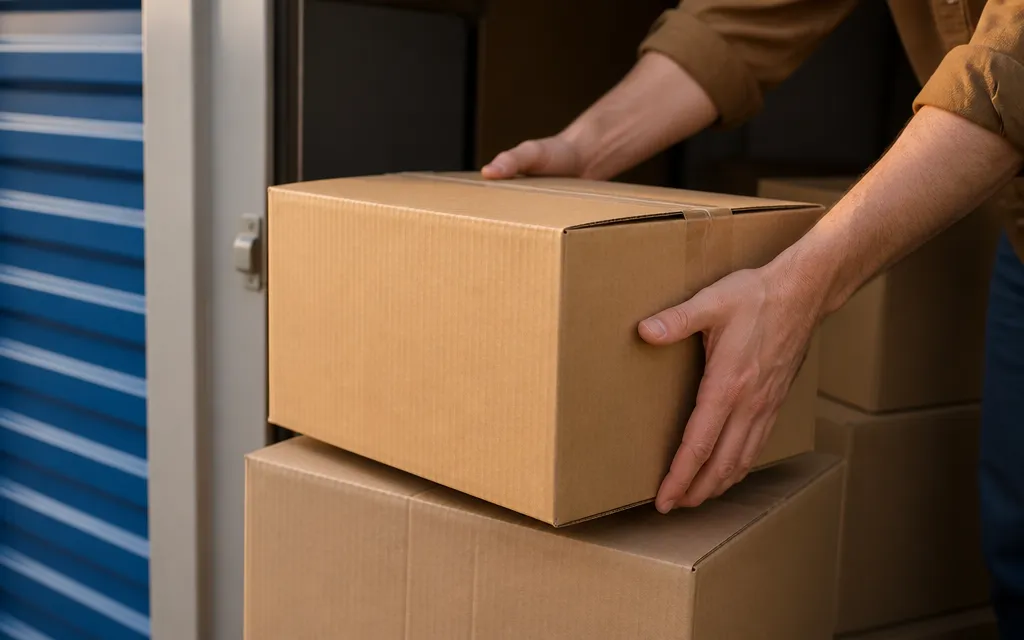 Mains posant un carton de déménagement étiqueté sur une pile devant un box de stockage ouvert