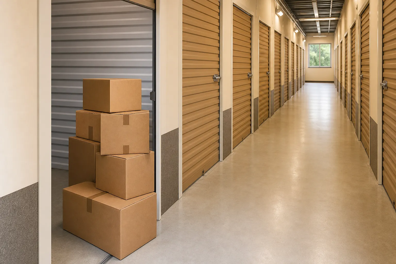 Couloir d’un centre de stockage, rangée de box aux portes crème et brun kraft, cartons de déménagement empilés devant une porte ouverte